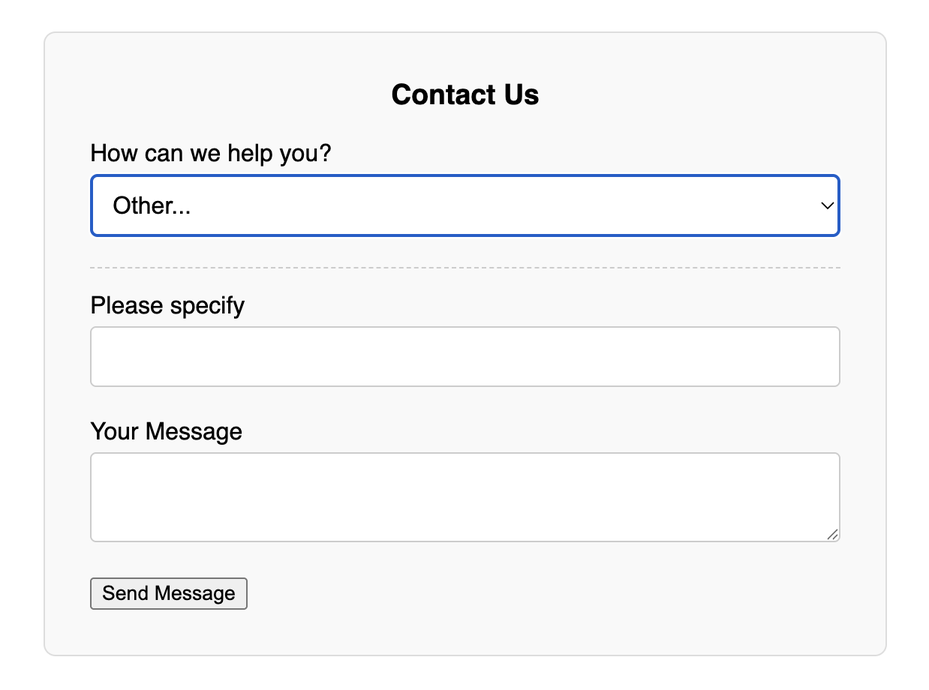 Screenshot of a form where selecting an 'Other' option in a dropdown reveals a new text field.