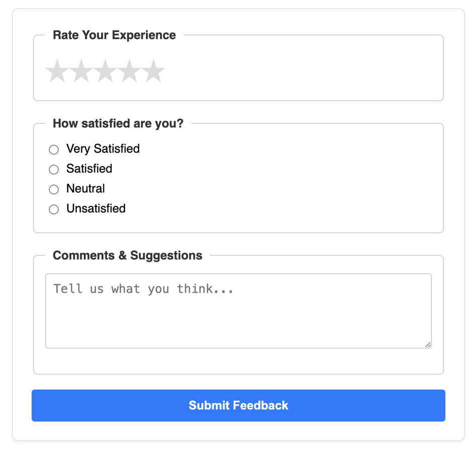 Screenshot of a user feedback form with star ratings.