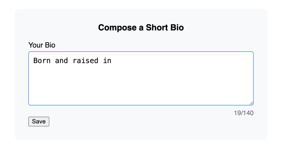 Screenshot of a textarea with a character count like '15/140' displayed below it.