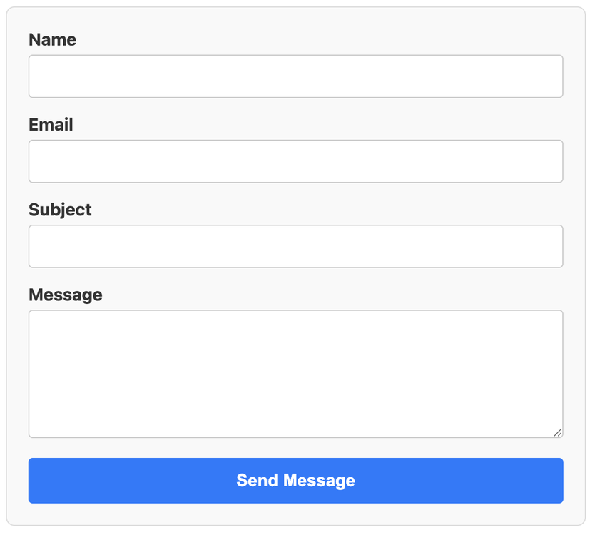 Screenshot of a simple contact form with Name, Email, Subject, and Message fields.