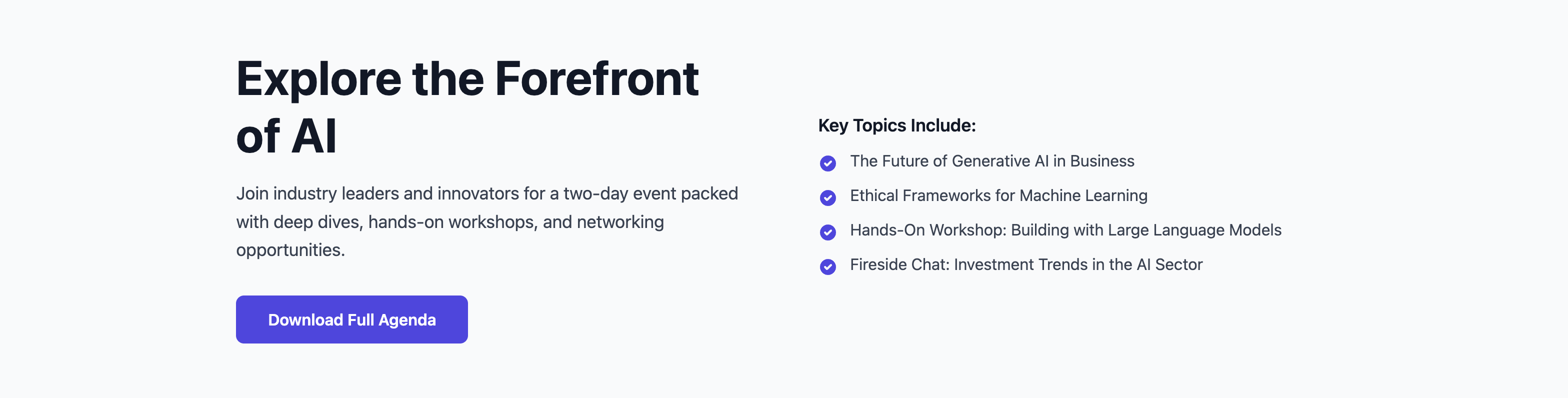 Screenshot of an event hero section that provides a brief overview of the agenda or topics.