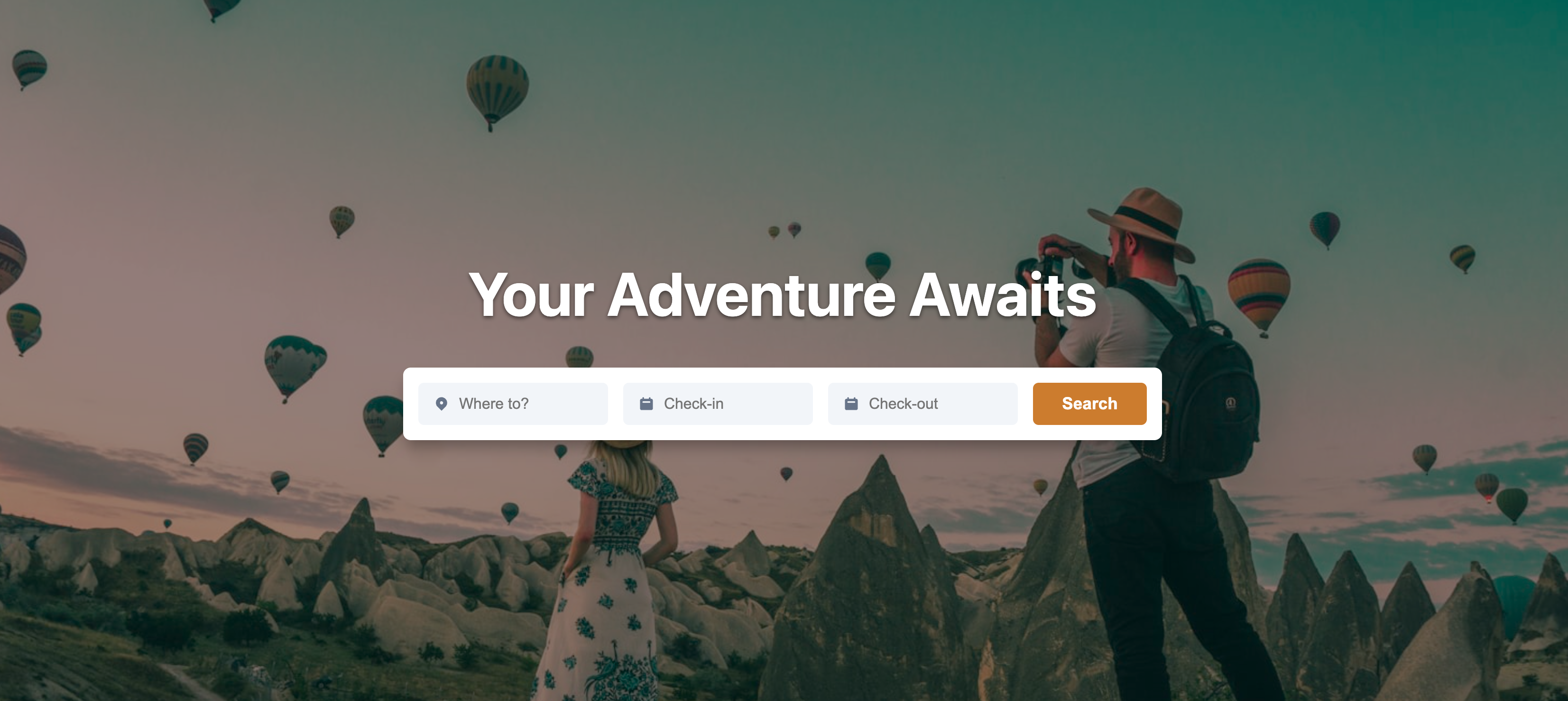 Screenshot of a booking hero section with input fields for dates and destinations.