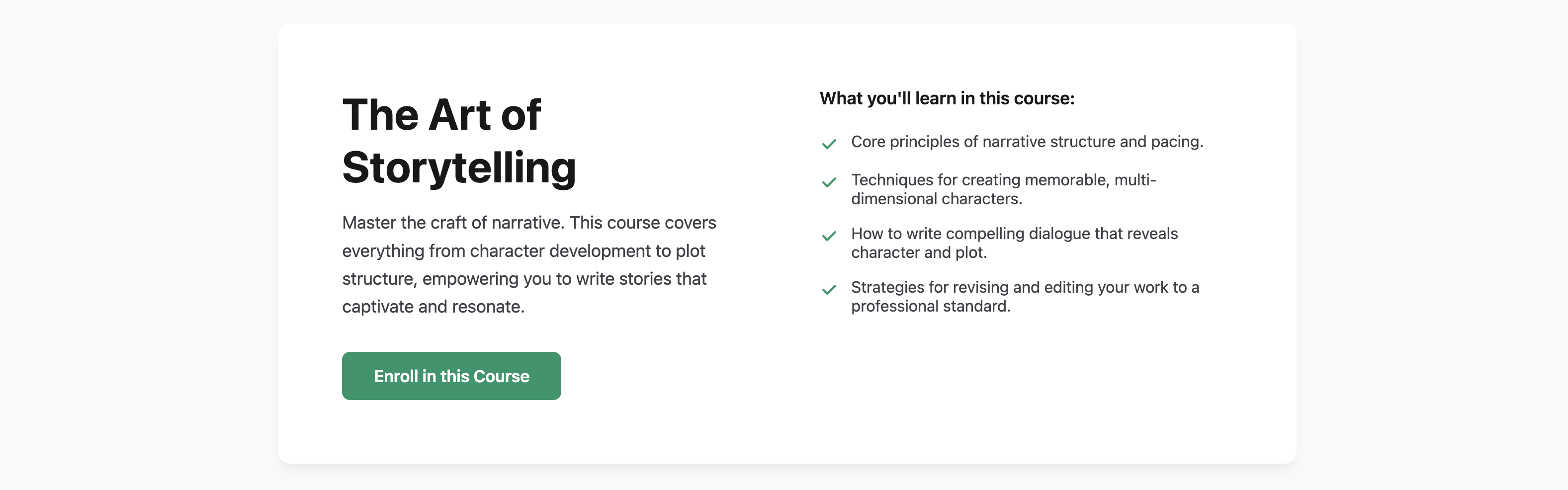 Screenshot of a course hero section with bullet points outlining the curriculum.