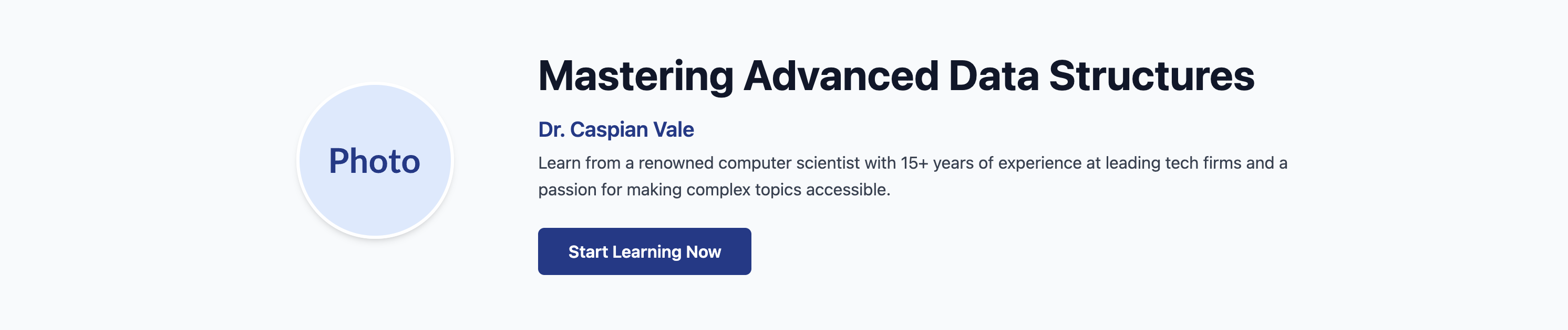 Screenshot of a course hero section that features the instructor's photo and credentials.