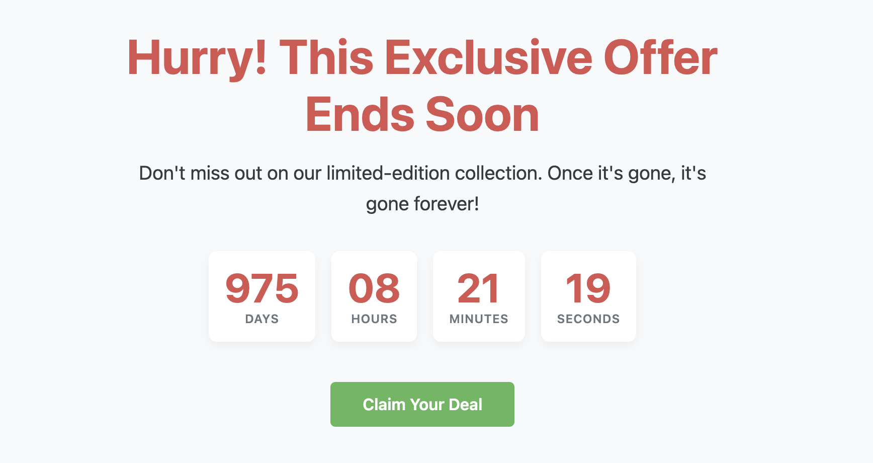 Screenshot of a limited-time offer hero section featuring a countdown timer.