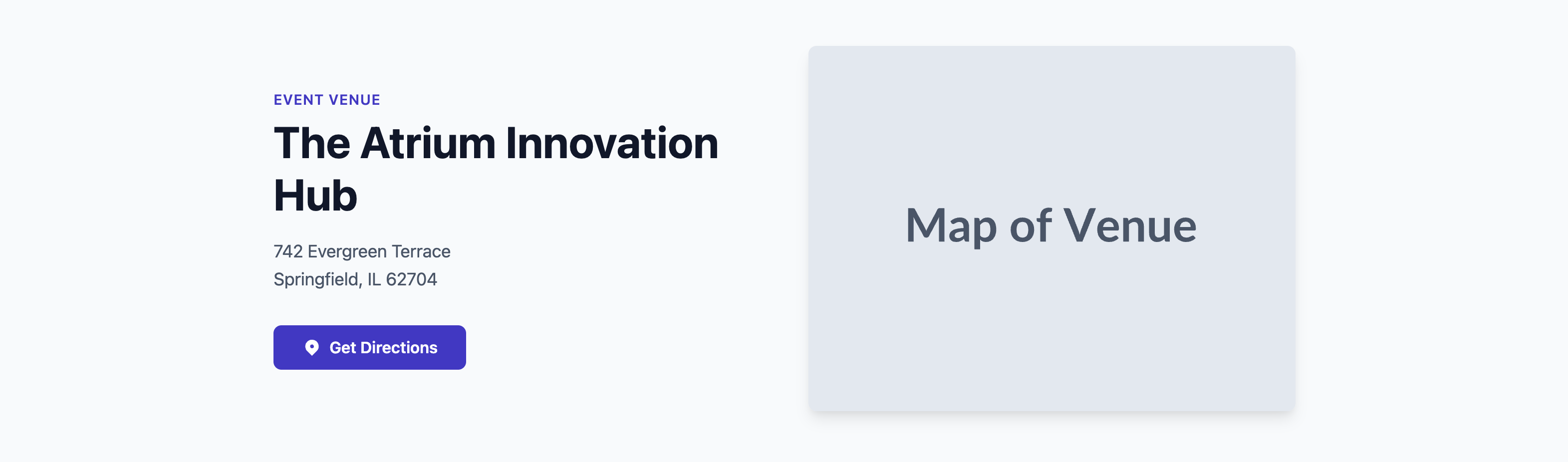 Screenshot of a hero section for an in-person event, showing a map or photo of the venue.