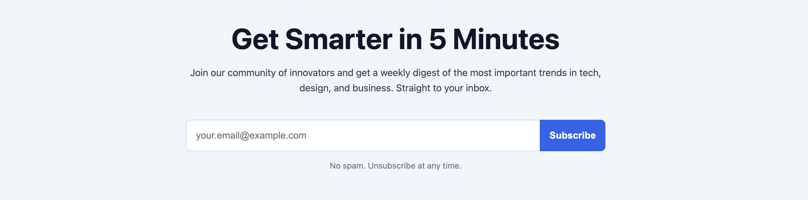 Screenshot of a hero section that includes a direct call-to-action and form for newsletter signup.