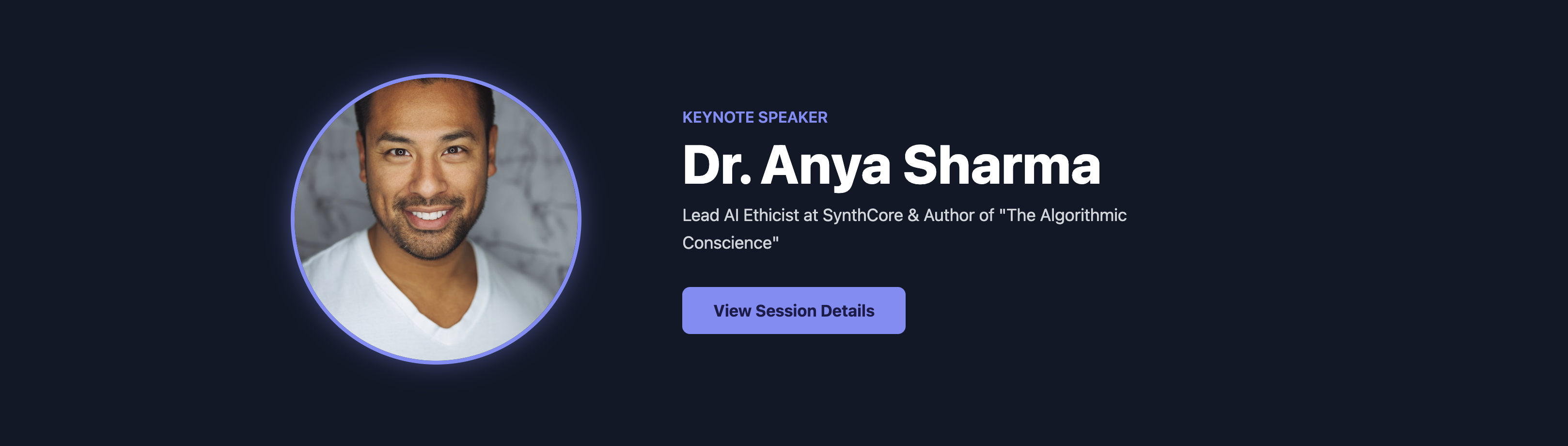 Screenshot of an event hero section highlighting a keynote speaker with their photo and name.