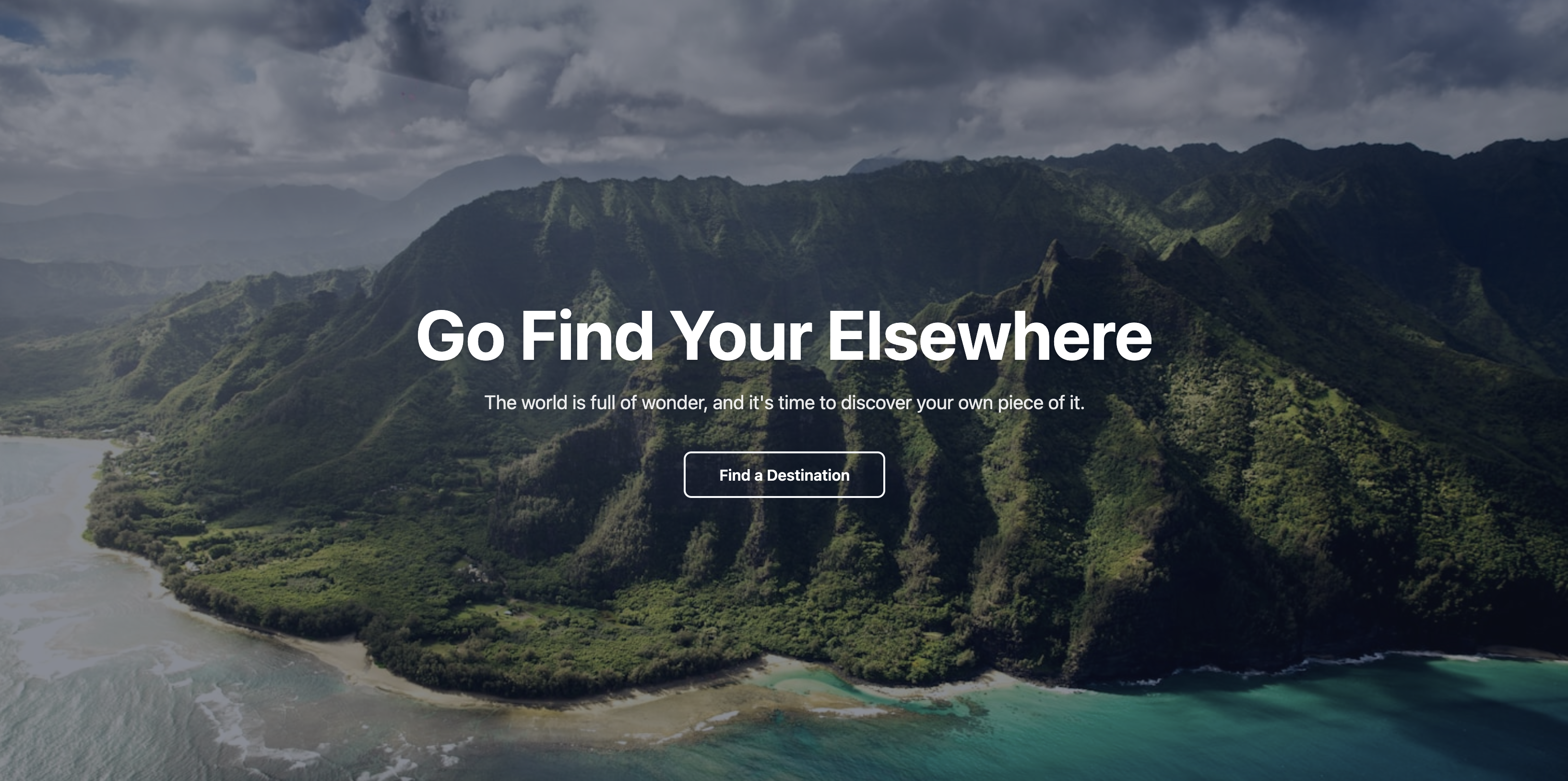 Screenshot of an inspirational travel hero section with a dreamy photo and motivational text.
