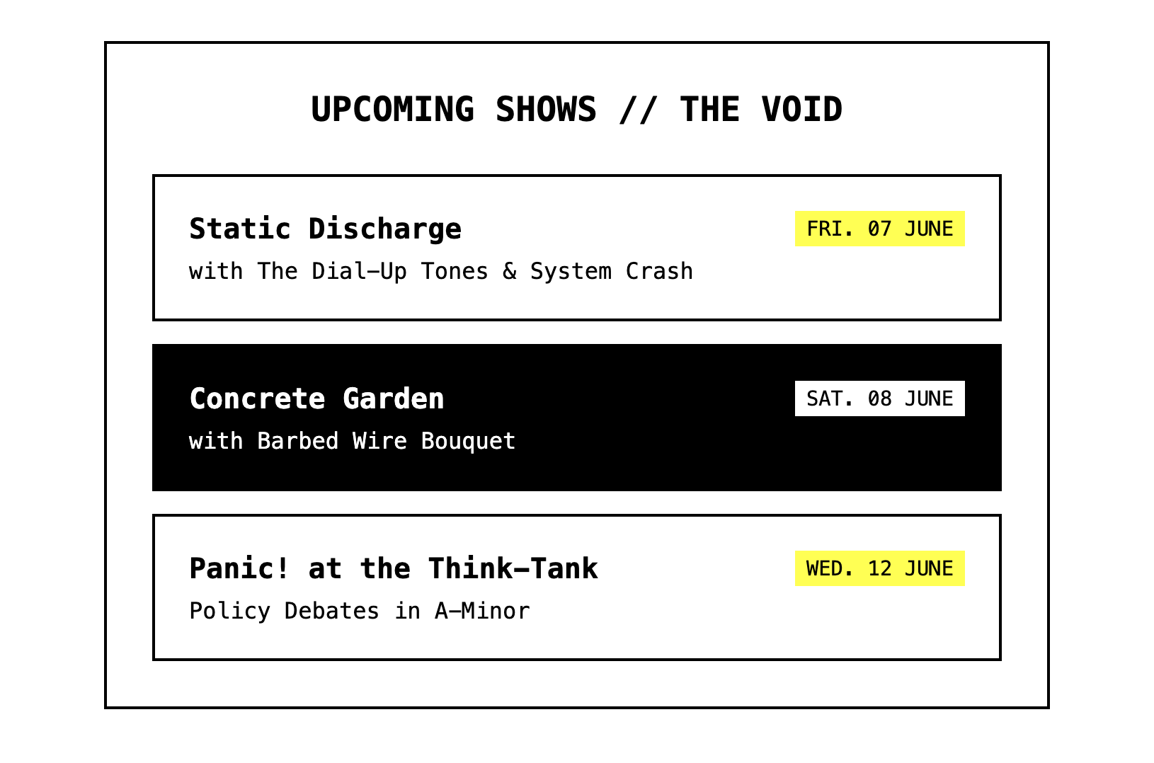 Screenshot of a list using a brutalist design style.