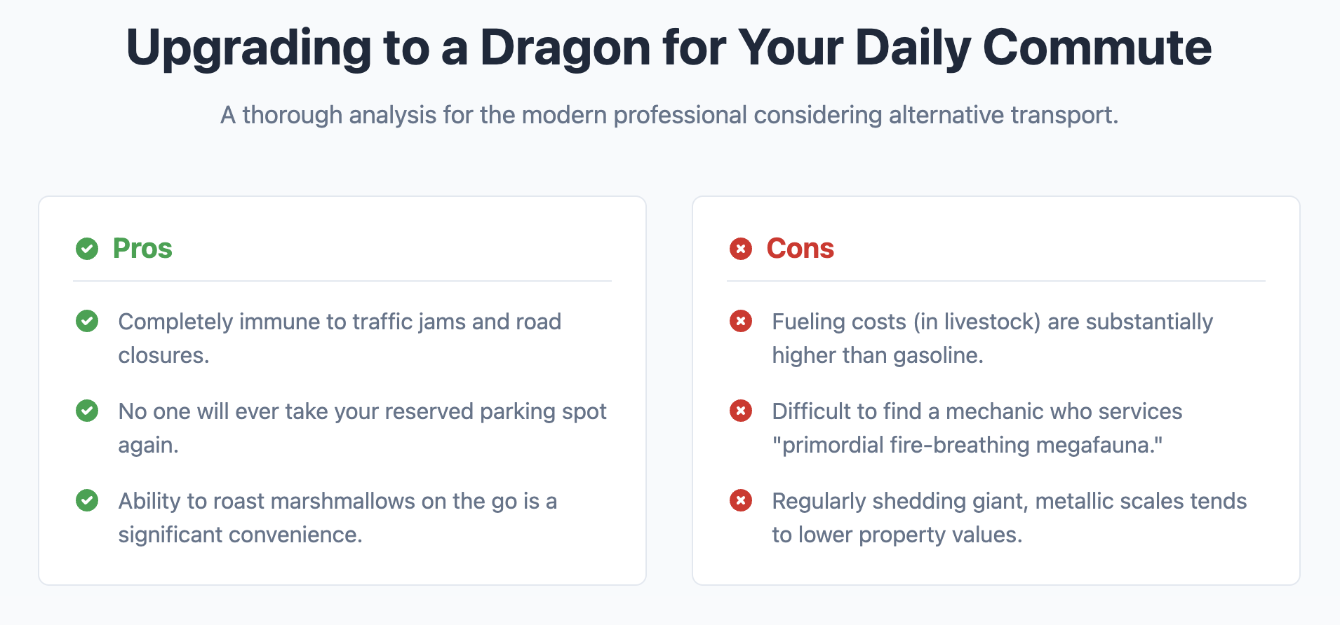 Screenshot of a two-column pros and cons list.