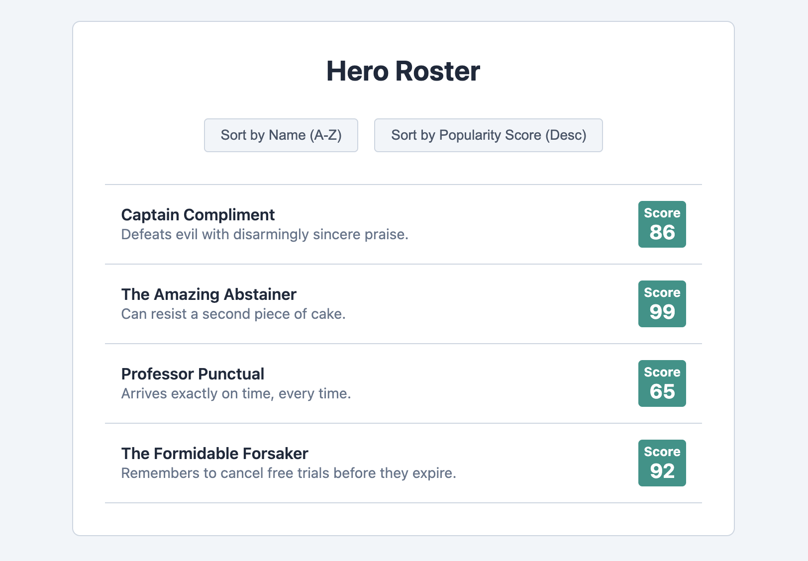 Screenshot of a list with buttons to sort its content.