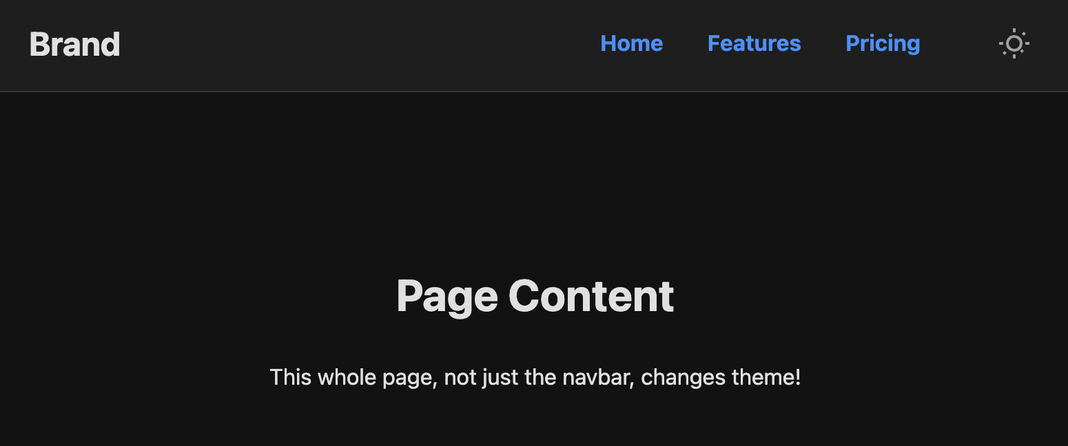 Screenshot of dark mode / themed navbar template