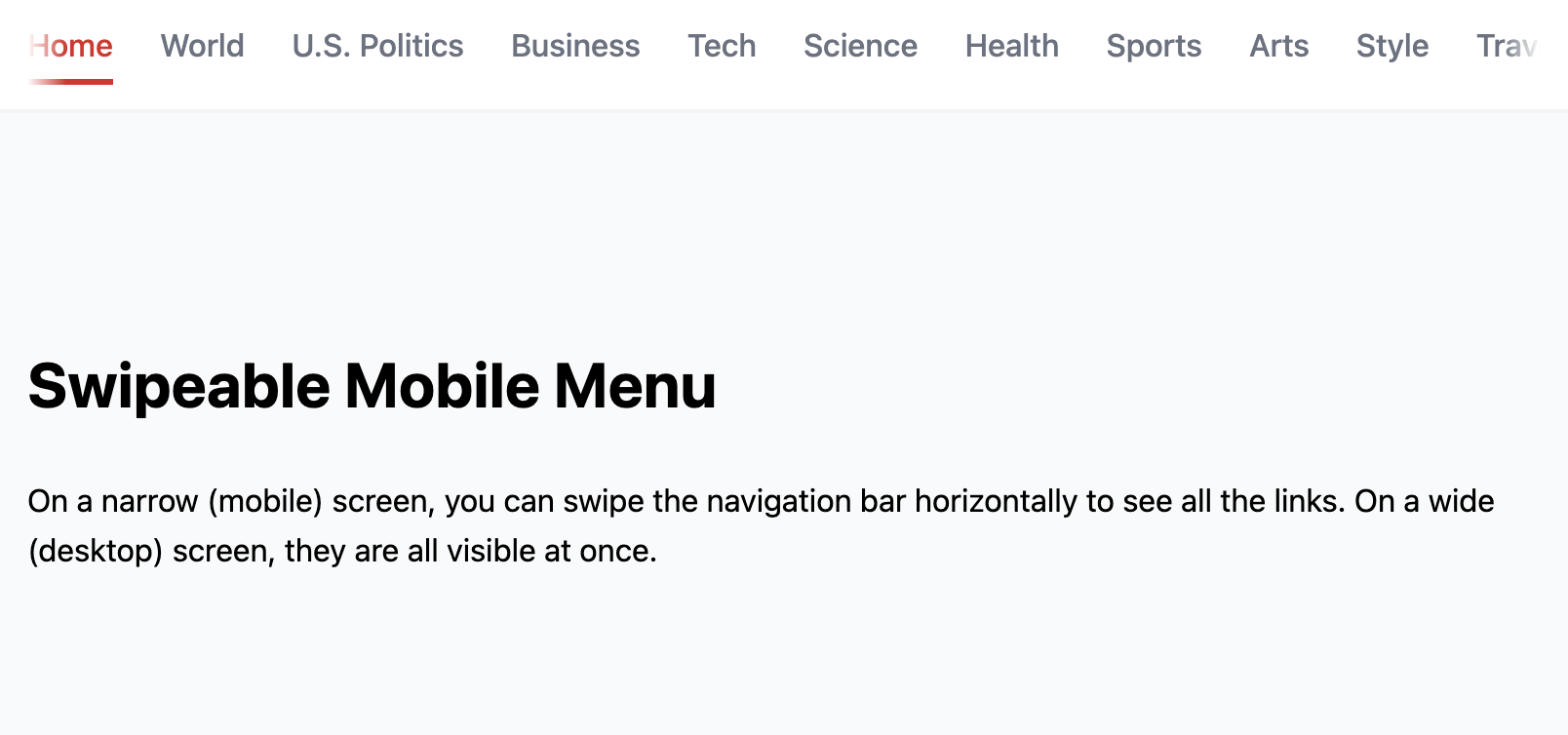 Screenshot of swipeable mobile menu template