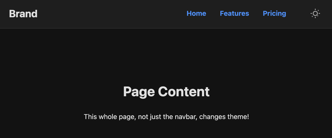 Screenshot of the dark mode themed navbar template