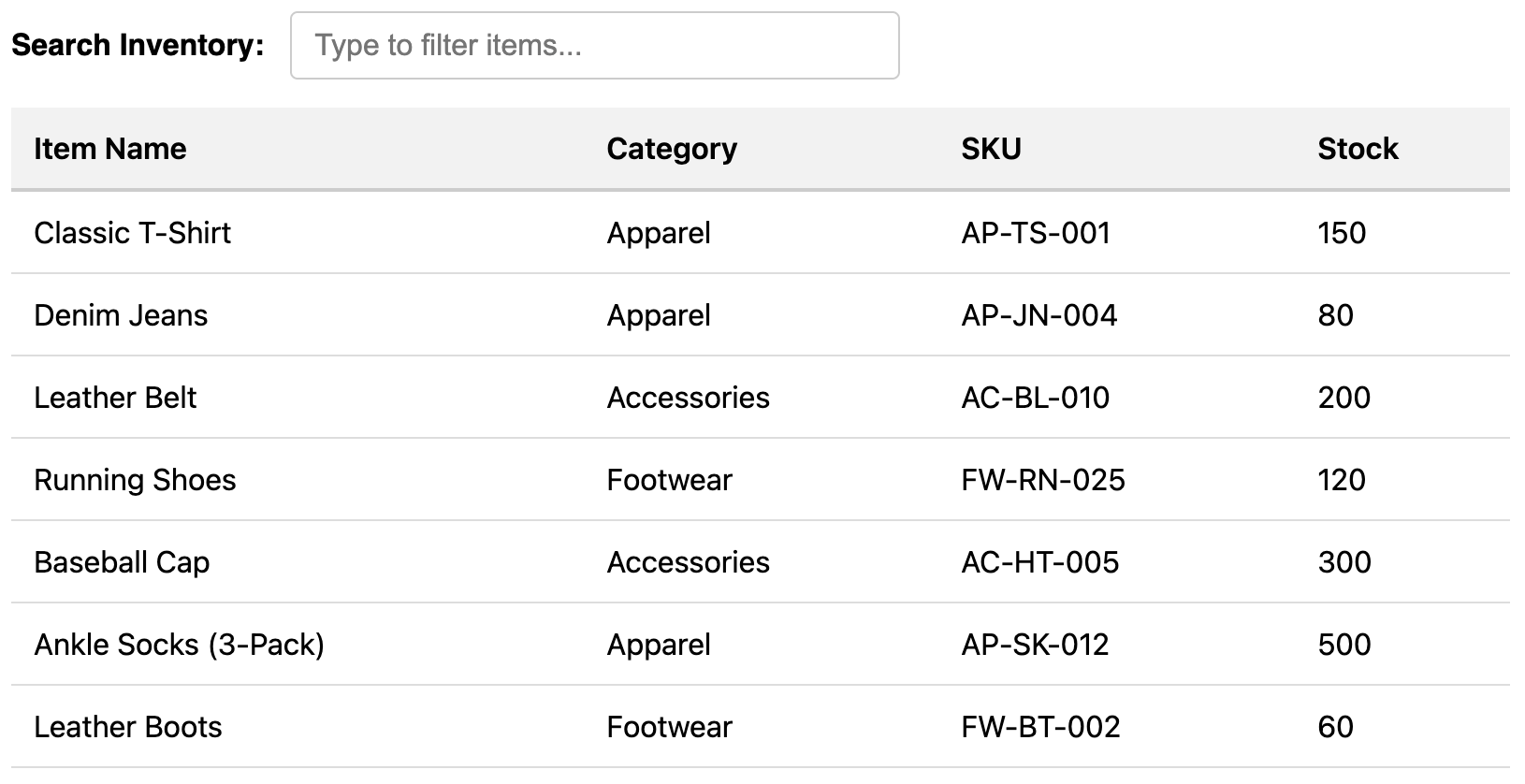 Screenshot of a table with a live filter search box.