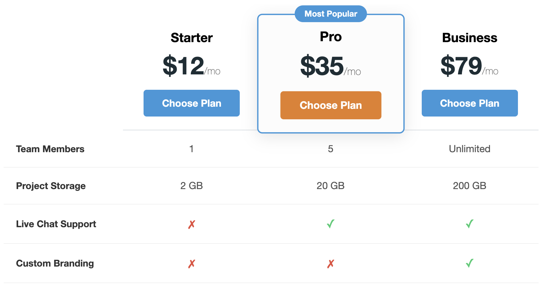 Screenshot of a detailed pricing table with a highlighted plan.