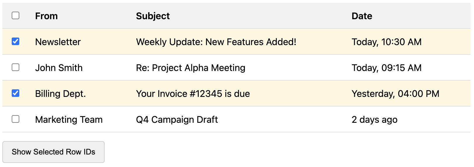 Screenshot of a table with selectable rows via checkboxes.