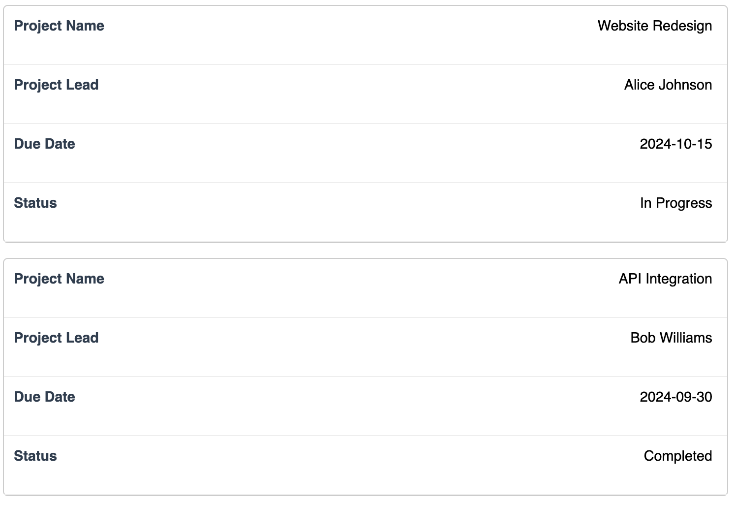 Screenshot of a table that stacks into cards on mobile.
