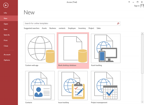 Screenshot of creating an Access database from the File > New menu