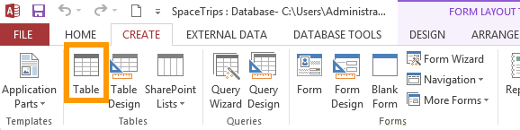 Screenshot of the Microsoft Access CREATE tab