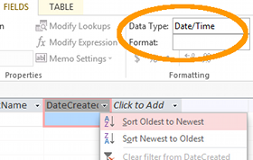 Screenshot of the data types dropdown on the Ribbon toolbar