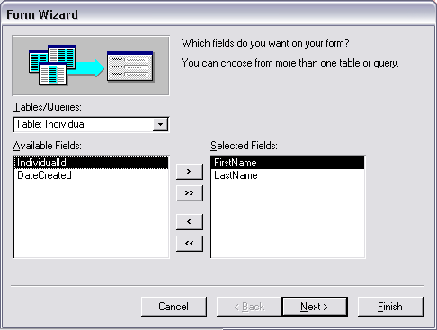MS Access 2003: Create a form - step 3