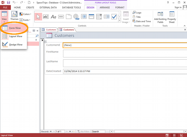 MS Access 2013: Create a form - step 2