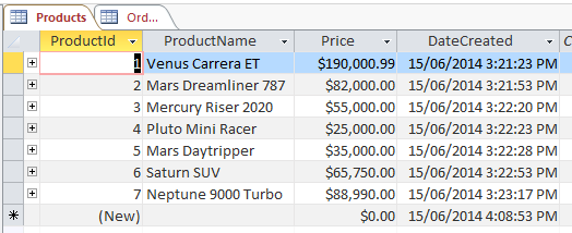 Screenshot of sample data in the Products table