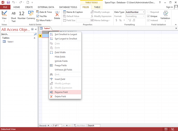 Creating a database table in MS Access 2013 - step 1