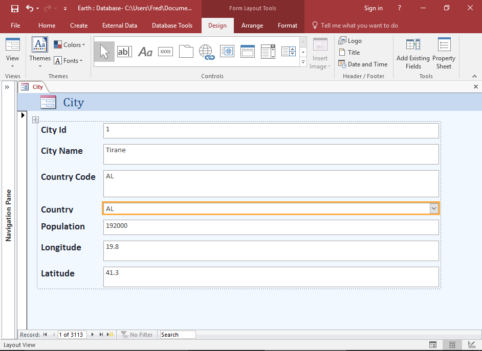 Screenshot of the form with the lookup control
