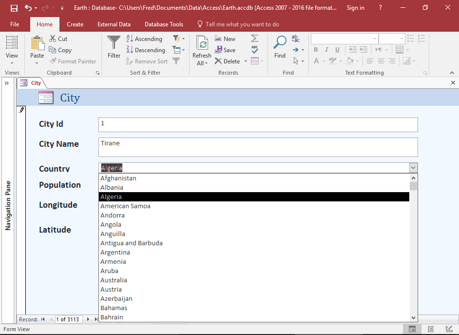 Screenshot of the form in Form View