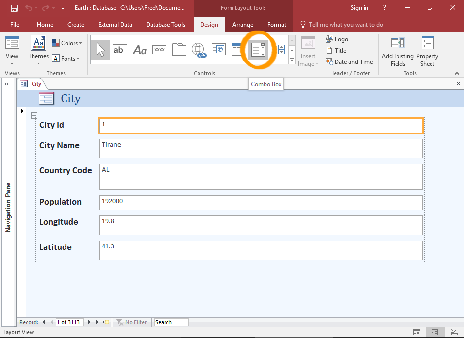 Screenshot of Access with the Combo Box option highlighted