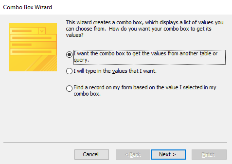 Screenshot of the Combo Box Wizard
