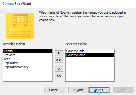 Screenshot of the Combo Box Wizard