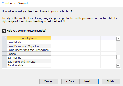 Screenshot of the Combo Box Wizard