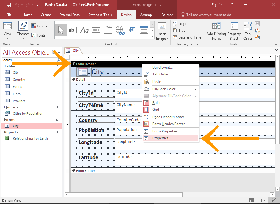 Screenshot of the form selected