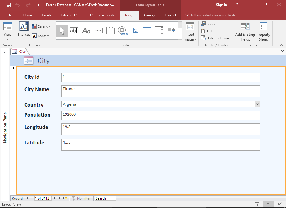 Screenshot of the form selected
