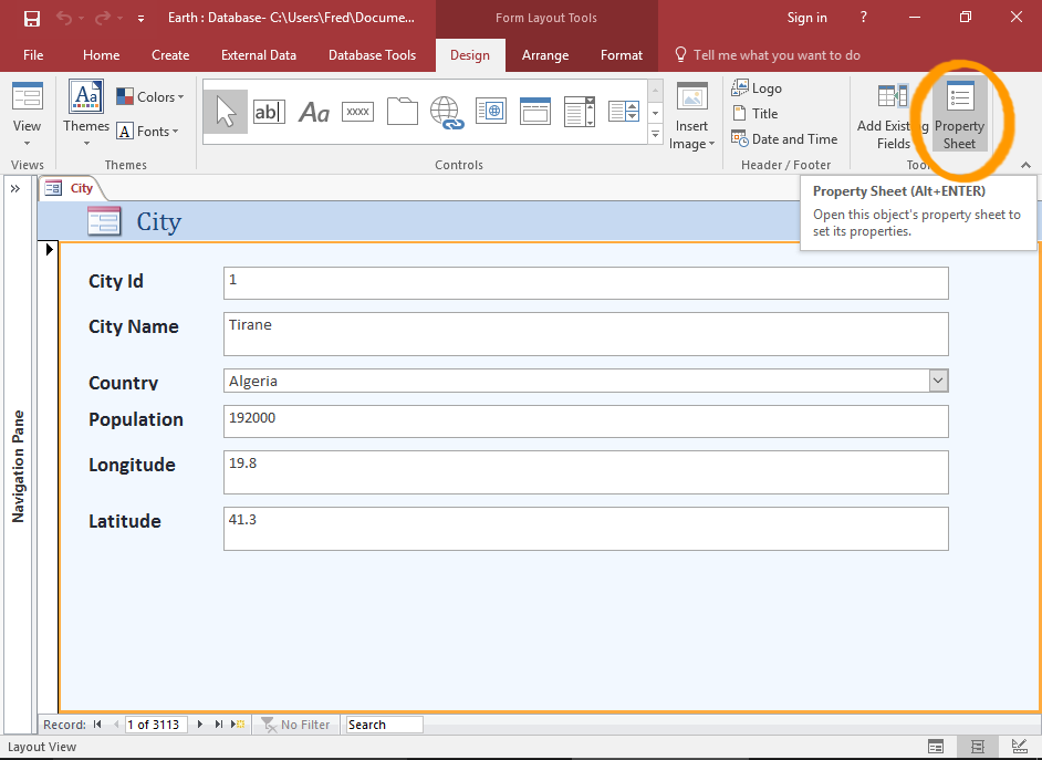 Screenshot of the Property Sheet button highlighted
