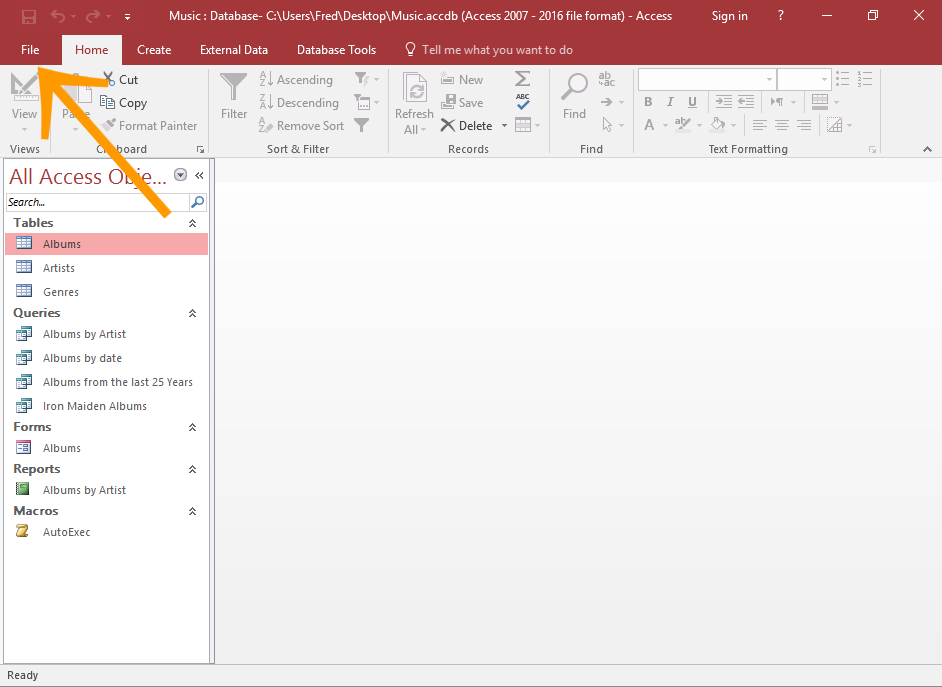 Screenshot of Access with the File menu highlighted