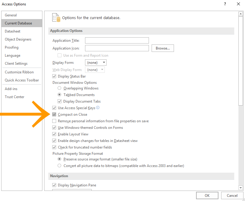 Screenshot of the Access Options dialog