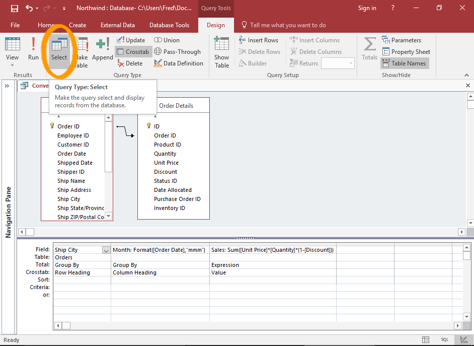 Screenshot of the query in Design View.