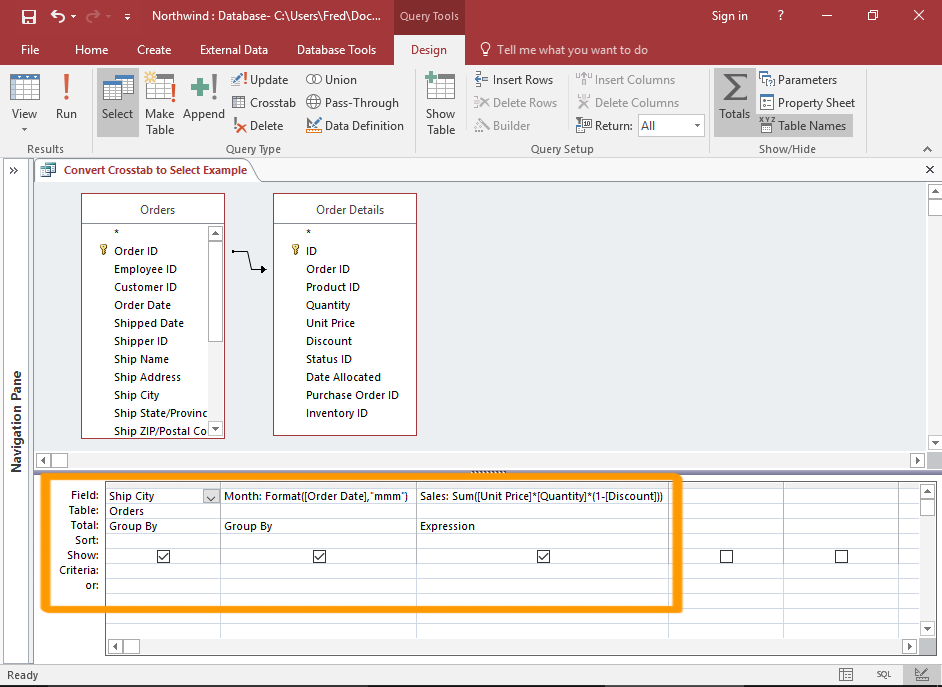 Screenshot of the converted query design.