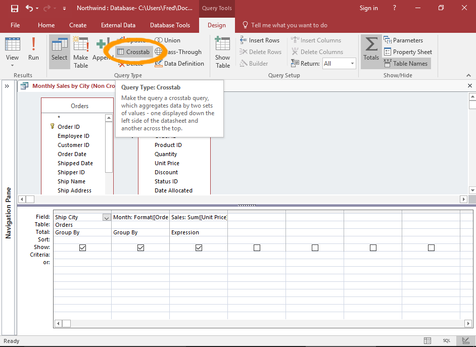 Screenshot of the query in Design View.