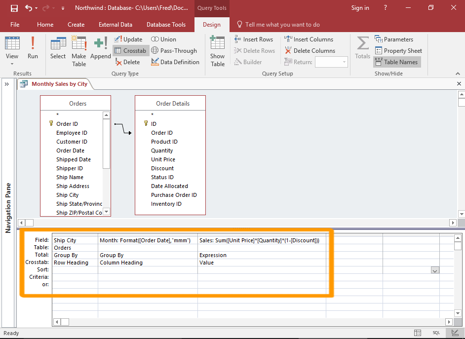 Screenshot of the converted query design.