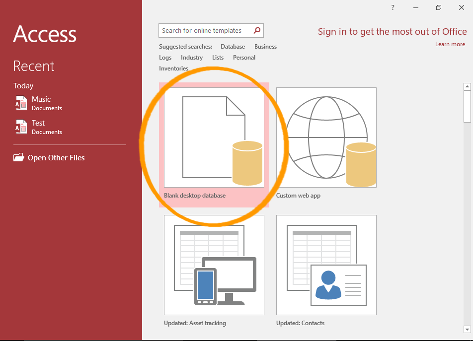 Screenshot of the MS Access 2016 Welcome Screen