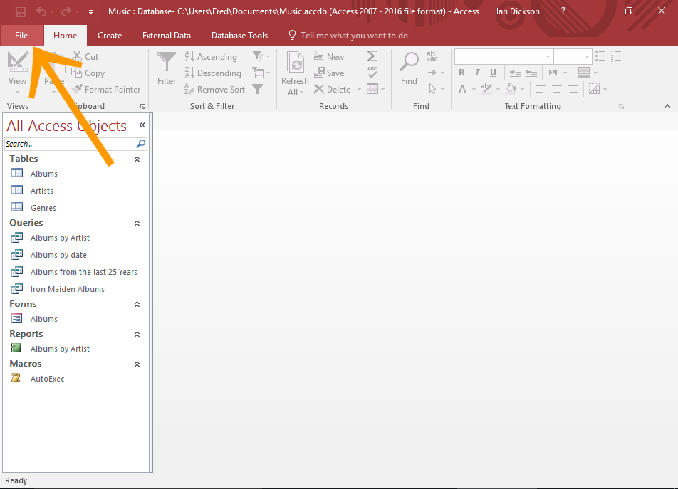 Screenshot of the File menu of MS Access 2016