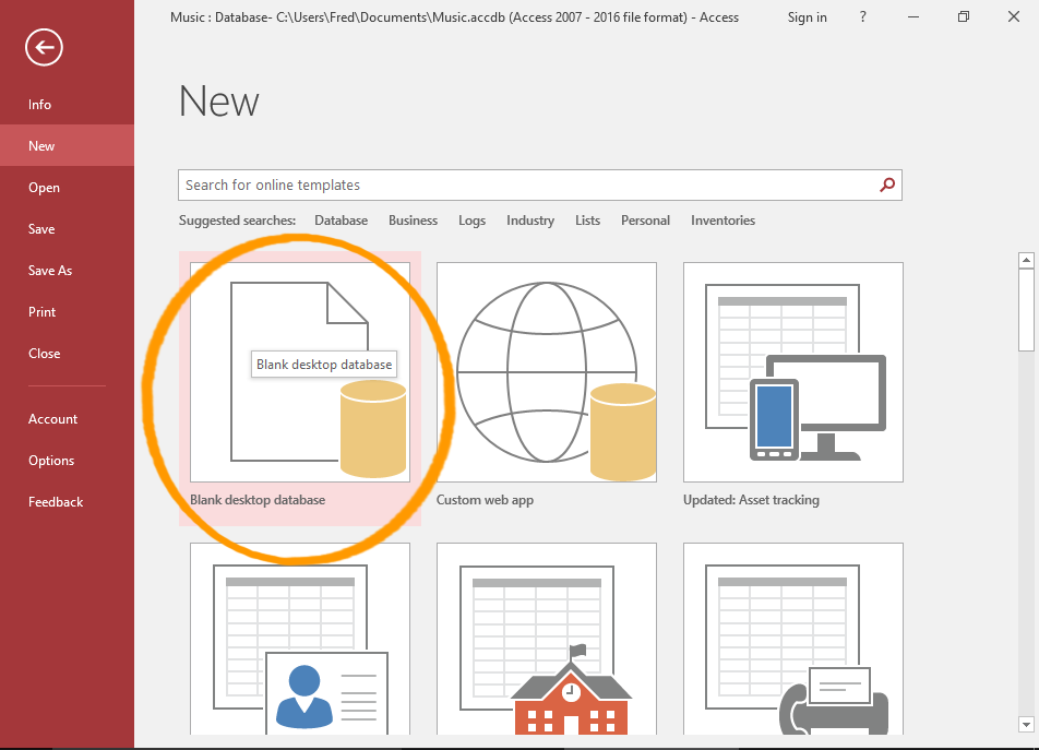 Screenshot of the File > New menu of MS Access 2016