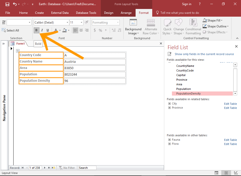 Screenshot of the form with multiple labels highlighted and the contextual menu displaying