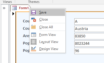 Screenshot of saving the form